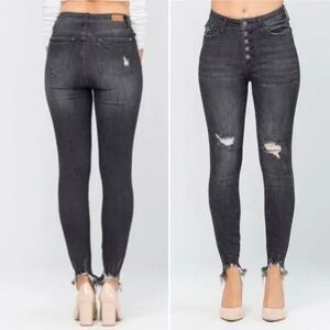 Judy Blue Destroyed Button-Fly Skinny Jeans Black Wash Denim Size 13/31